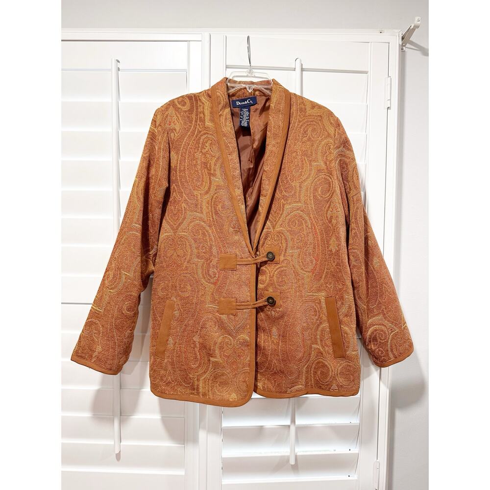 Denim & Co. Blazer Jacket Paisley Patterned Textured Tapestry Large Brown Gold